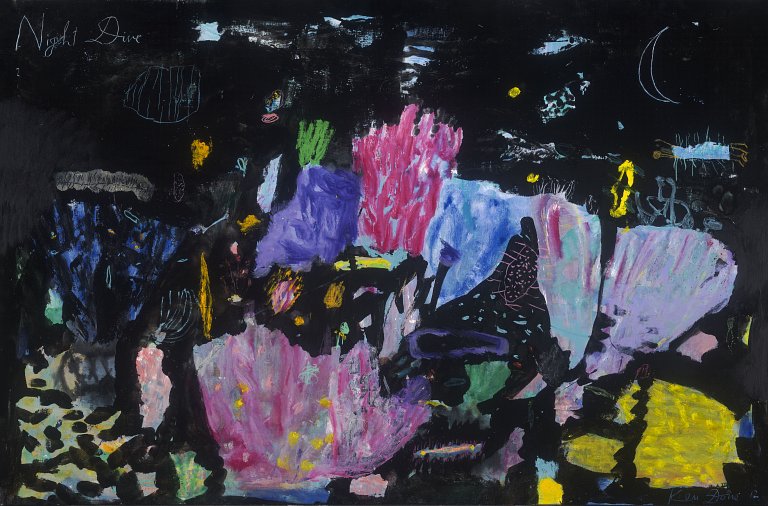 <p><em><strong>Night dive II</strong></em>, 2012, oil, acrylic, enamel and oil crayon on linen, 120 x 181cm</p>
