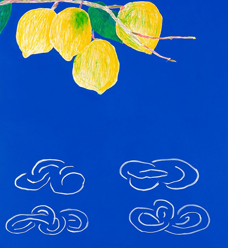 <p><em><strong>Walking through the cabin garden VII, Lemons and clouds</strong></em>, 1993,acrylic on canvas, one of 12 panels, 213 x 198 cm</p>
