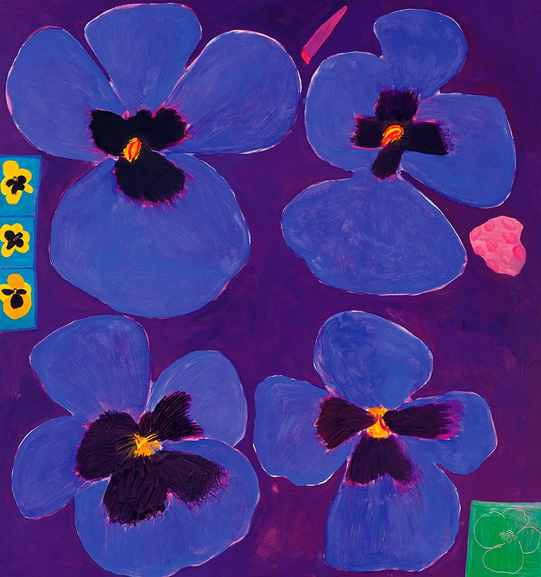 <p><em><strong>Walking through the cabin garden VIII</strong></em>, Pansies, 1993,acrylic on canvas, one of 12 panels, 213 x 198 cm</p>