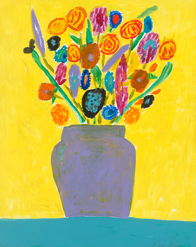 Vase of flowers on a teal table