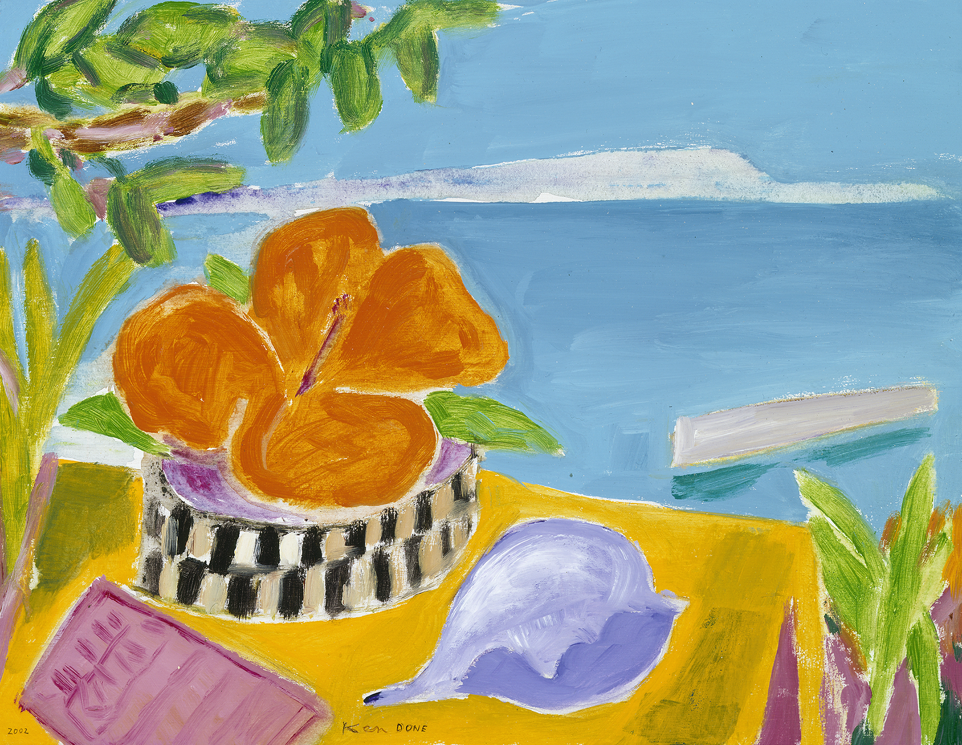 Orange hibiscus, shell and book