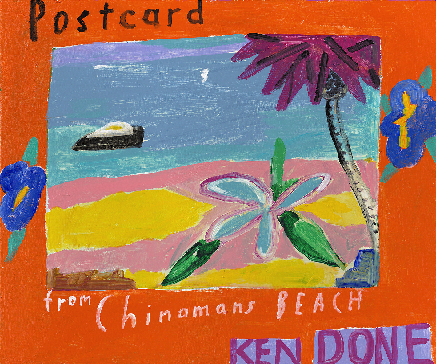 Postcard from Chinamans, blue frangipani