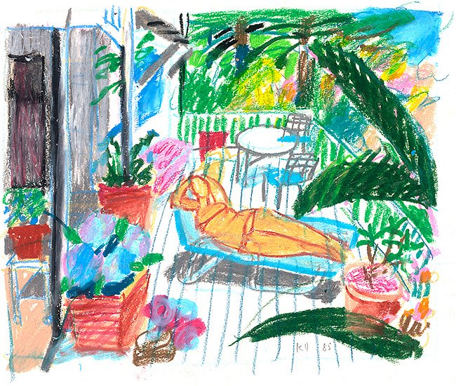 <p><em><strong>On the verandah</strong></em>, 1985, oil crayon on paper, 22 x 25 cm, $2450</p>