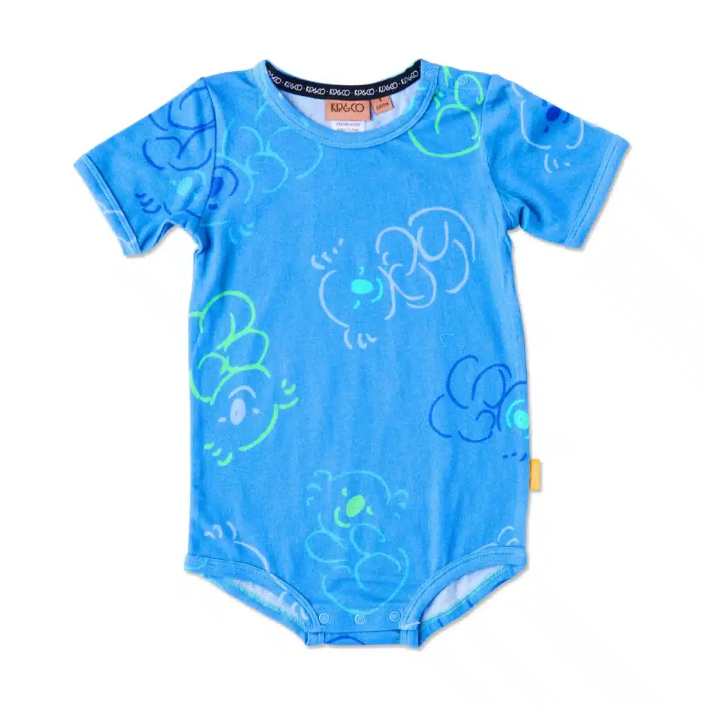 ‘Koala Cuddles’ Blue Organic Short Sleeve Romper – Kip&Co x Ken Done