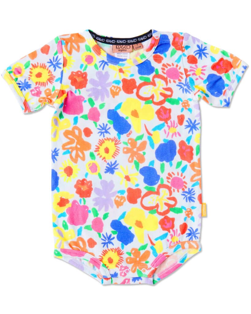 ‘Summer Floral’ White Organic Short Sleeve Romper – Kip&Co x Ken Done